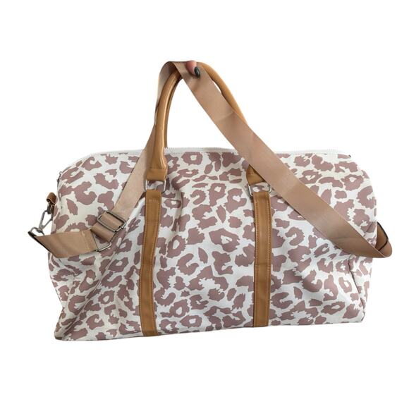 Cream & Brown Leopard Weekender Bag • Travel Duffel Tote • Overnight Carry On - Picture 4 of 7